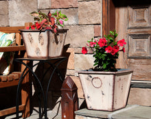 Load image into Gallery viewer, 12 inch top diameter square rustic white garden planter flower pot poly-resin farmhouse style shown with planted flowers