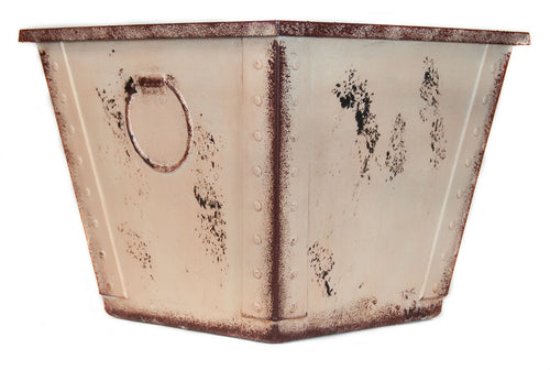12 inch top diameter square rustic white garden planter flower pot poly-resin farmhouse style with molded ring faux handle corner view