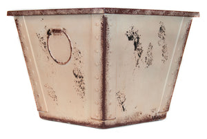 12 inch top diameter square rustic white garden planter flower pot poly-resin farmhouse style with molded ring faux handle corner view