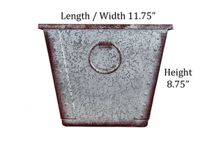 Square poly-resin garden planter flower pot showing actual dimensions of 11.75" Length / Width and 8.75" Height