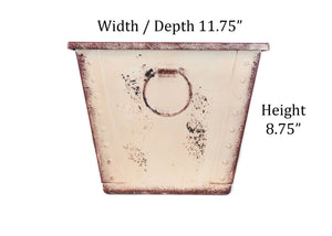 12 inch top diameter square rustic white garden planter flower pot poly-resin farmhouse style shown with actual dimensions of 11.75 inch width / depth and 8.75 inch height