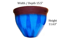 Load image into Gallery viewer, Garden planter flower pot 16 inch top diameter Iris blue large pot indoor outdoor planter Depth / Width 15.5 inches Height 11.63 inches
